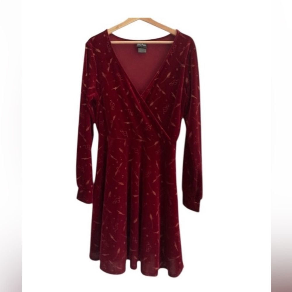 Harry Potter Icon Print Deep Red and Gold Velvet Faux Wrap Mini Skater Dress